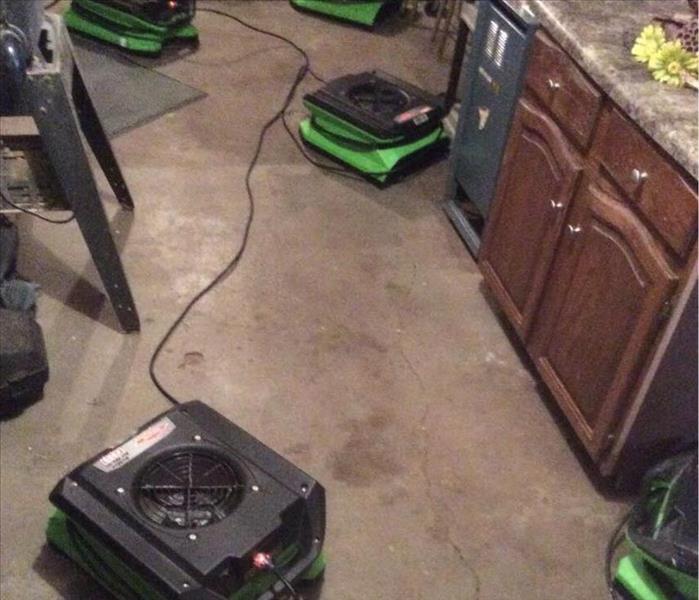 Green fans on a basement floor
