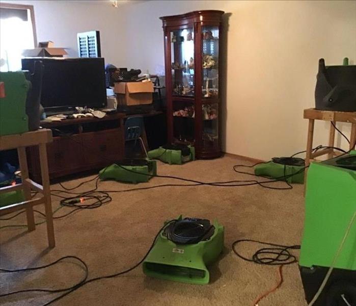 Green fans in a room with wet carpet